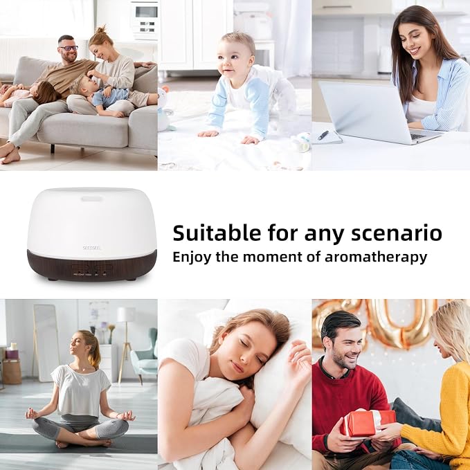 SEEDSEEL 300ML Essential Oil Diffuser, Small Aromatherapy Diffuser with Remote Control, 7-Color LED Light,4 Timer, Quiet,Auto-Off, Easy to Use,for Home,Bedroom,Office