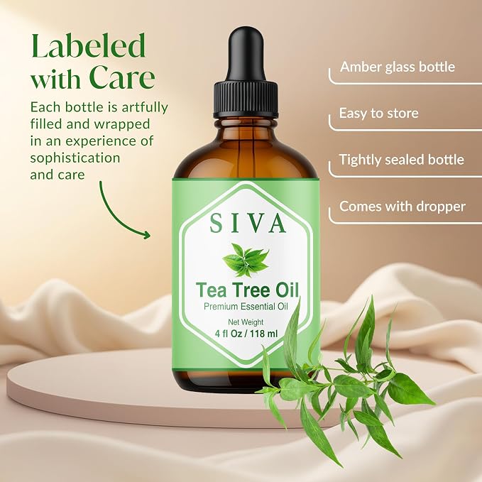 Siva Tea Tree Essential Oil, Glass Bottle with Dropper, 4 Fl Oz (118 ml) | Tea Tree Oil for Hair Care, Scalp Care, Face Care, Skin Care, Nail Care, Diffuser, Humidifier, Soap Making & DIY Blending