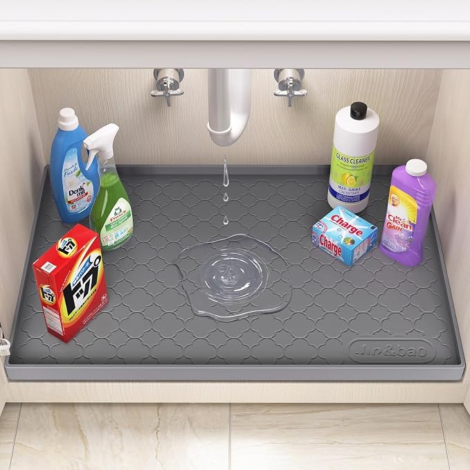 Jin&Bao Waterproof Under Sink Mat 25" x 19", Thick Silicone Mat Cabinet Protector for Kitchen and Bathroom, Shelf Liner, Home Organizer and Storage, Multipurpose Tray for Gadgets and Essentials