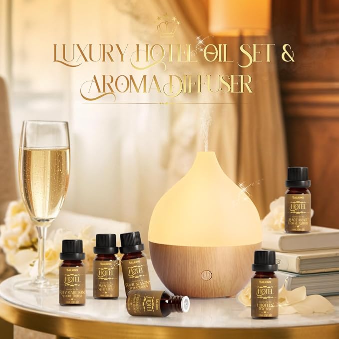 SALKING Essential Oil Diffuser with Luxury Hotel Fragrance Oil Set, 100ml Small Ultrasonic Aromatherapy Diffuser, Auto Shut-Off, Warm White Light, Cool Mist Humidifier for Home & Office