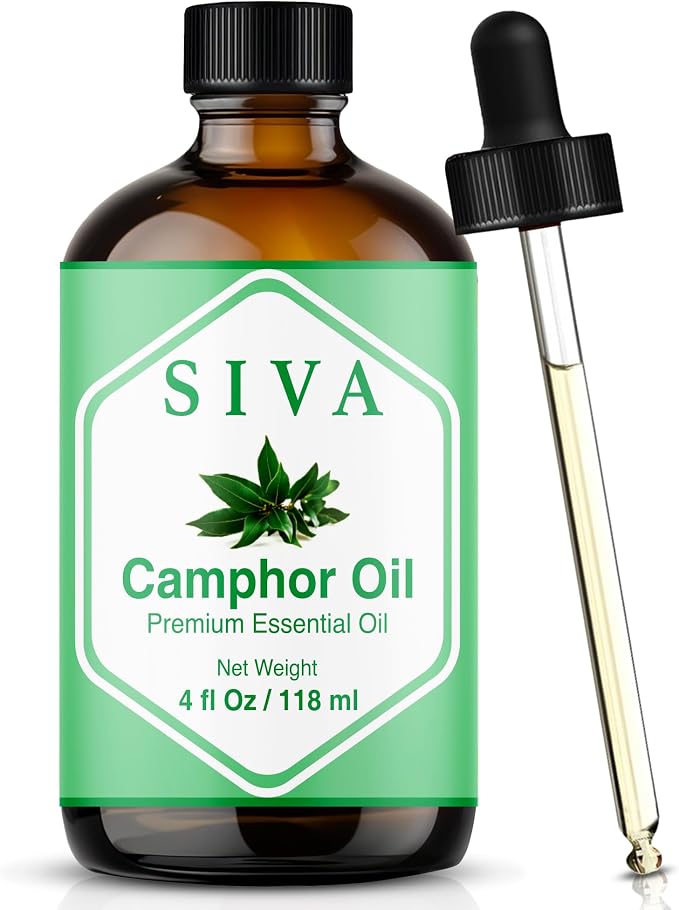 Siva Camphor Essential Oil, Glass Bottle with Dropper, 4 Fl Oz (118 ml) | Camphor Oil for Diffuser, Humidifier, Steam, Spray, Body Massage, Hair, Skin, Soap Making, Candle Making & DIY Blending