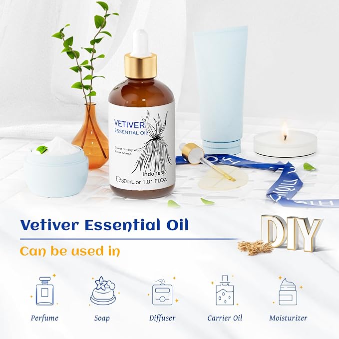 HIQILI Vetiver Essential Oil for Diffuser, Massage, Skin Care | Suitable for Aromatherapy, Candle & Soap Making Scent, SPA, Add to Shampoo, Lip Balm - 30 mL / 1 fl oz