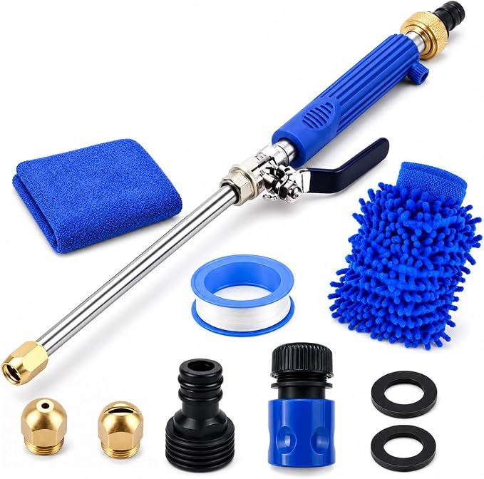 High Pressure Hose Nozzle, 2‑in‑1 Metal Water Jet Nozzle, High Pressure Power Washer Wand with 2 Different Tips, Quick Connectors for Cars, Patios, Decks & Outdoor Cleaning (Blue)