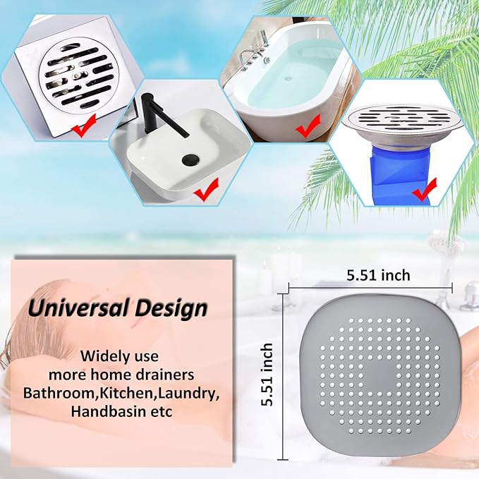 Hair Drain Catcher,Square Drain Cover for Shower Silicone Hair Stopper with Suction Cup,Easy to Install Suit for Bathroom,Bathtub,Kitchen 2 Pack (Grey White) | Drainer Cover Silicone Hair Stopper with Suction Cups,Protector Accessories,Easy to Install ...