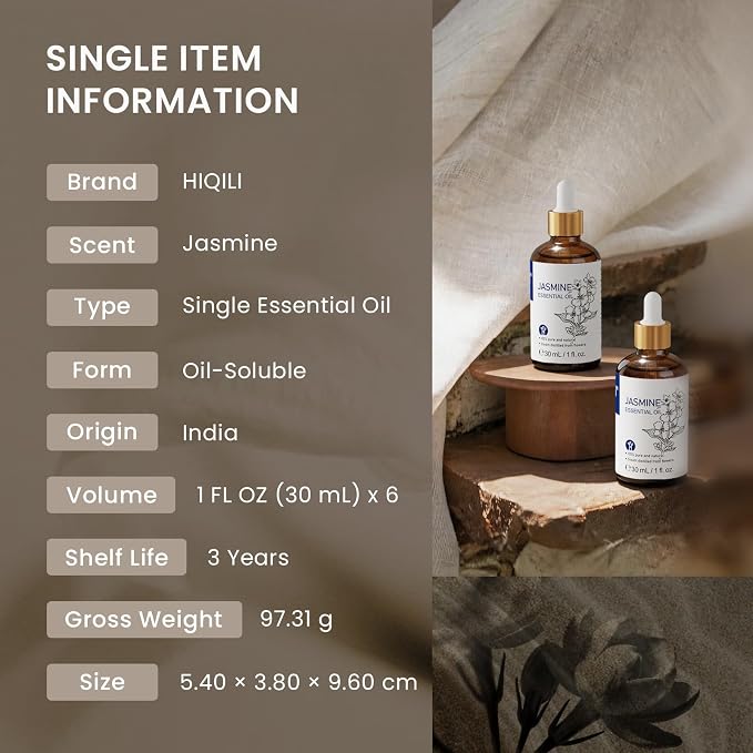 HIQILI Jasmine Essential Oil Set for DIY Making, Skincare & Diffuser | Bulk Wholesale Supply for Spas, Salons, Hotels & Homestays, Ideal for Spa, Sauna and Gift - 6 Bottles / 1 Fl Oz Each