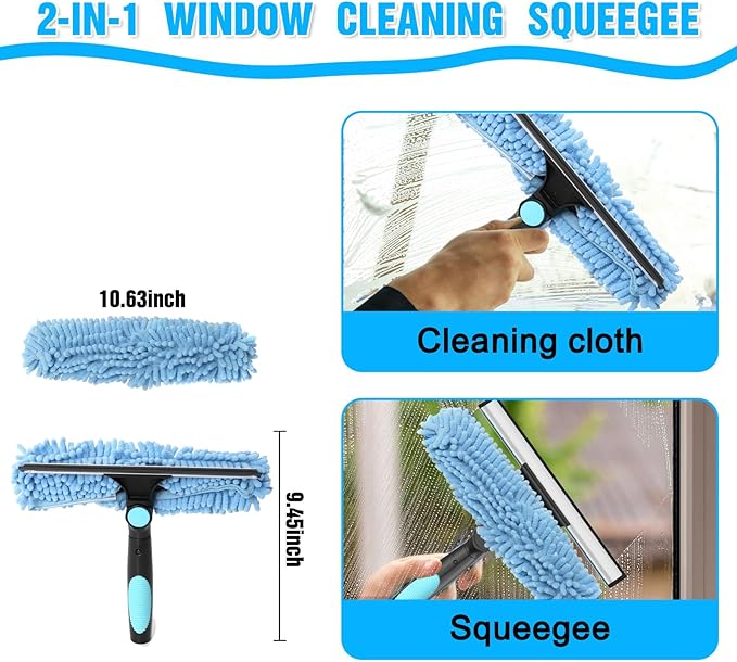 16FT Reach Window Squeegee Kit with Extension Pole, 2-in-1 Professional Washer for High Windows, 3-12FT Adjustable Reach, Rotatable Head for Indoor & Outdoor Use, Streak-Free Cleaning Tool for Home