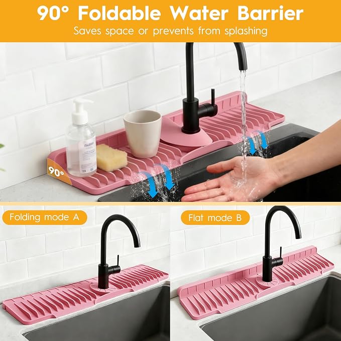 24" Silicone Faucet Mat for Kitchen Sink Released in 2026,8° Slope Fast Self-draining-Kitchen Sink Splash Guard,Bathroom Kitchen Sink Area Water Splash Guard Behind Faucet Draining Mat(Pink)
