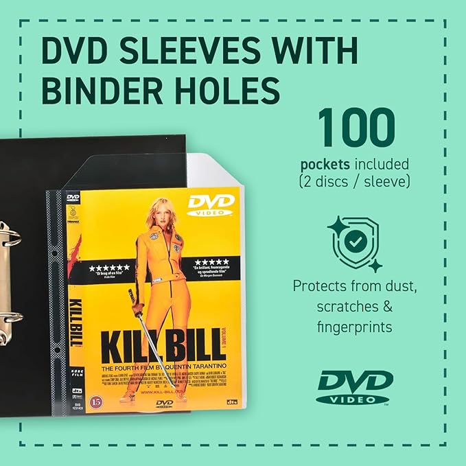 Tarifold DVD Storage Binder Sleeves, 2-Ring Holes & Closing Flap, 100 Pack | Reinforced 2-ring holes, holds DVD, cover art and booklet, 120-micron polypropylene