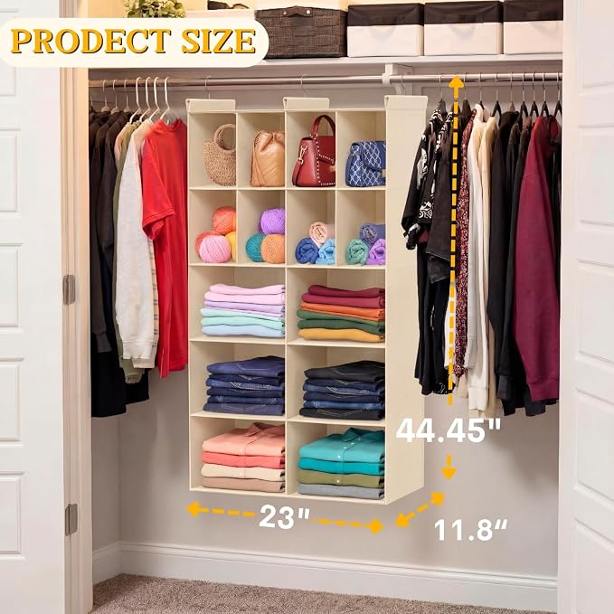 5 Tier Hanging Closet Organizer, 14 Compartments Dual Row Storage, Beige | Closet Organizers and Storage with Large & Small Pockets, 3 Sturdy Hooks Support Heavy Loads, Ideal for Dorm, Garment Rack