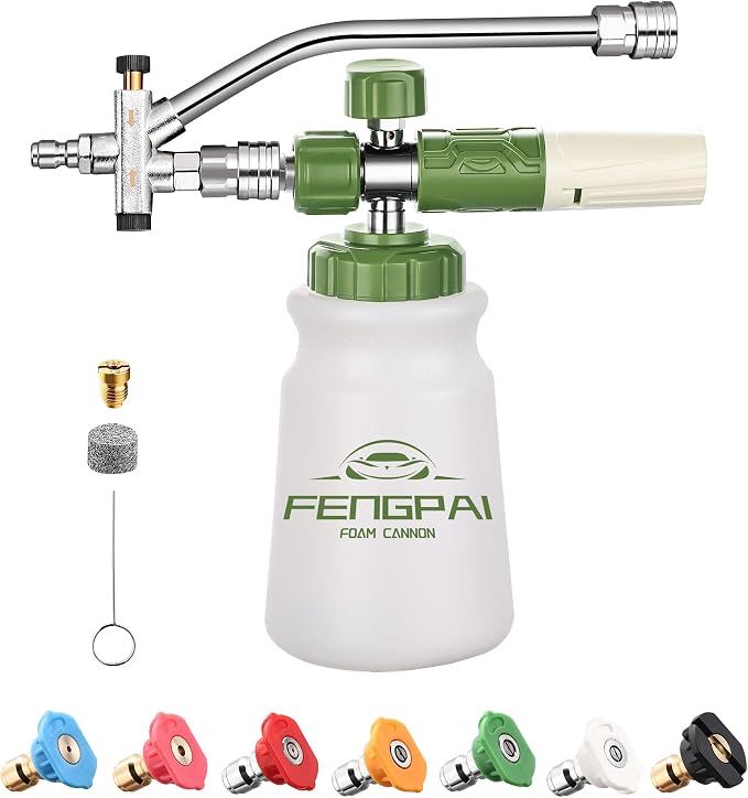 FENG PAI Pressure Washer Foam Cannon with Dual-Connector Accessory & 7 Power Washer Sprayer Nozzles, Double Tip Attachment For Soap Cannon, 1/4" Quick Connect, 3600 PSI, White Bottle