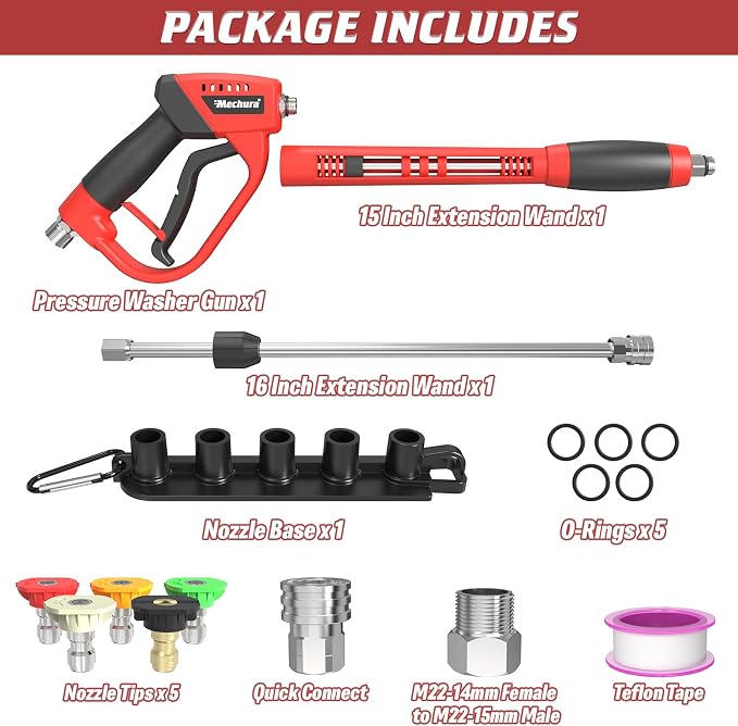 Pressure Washer Gun 5000PSI with Extension Wands, 40 Inch | Pressure Washer Accessories with 1/4" Quick Connect Outlet, Car Wash Gun with 5 Nozzle Tips and M22-14mm to M22-15mm Adapters