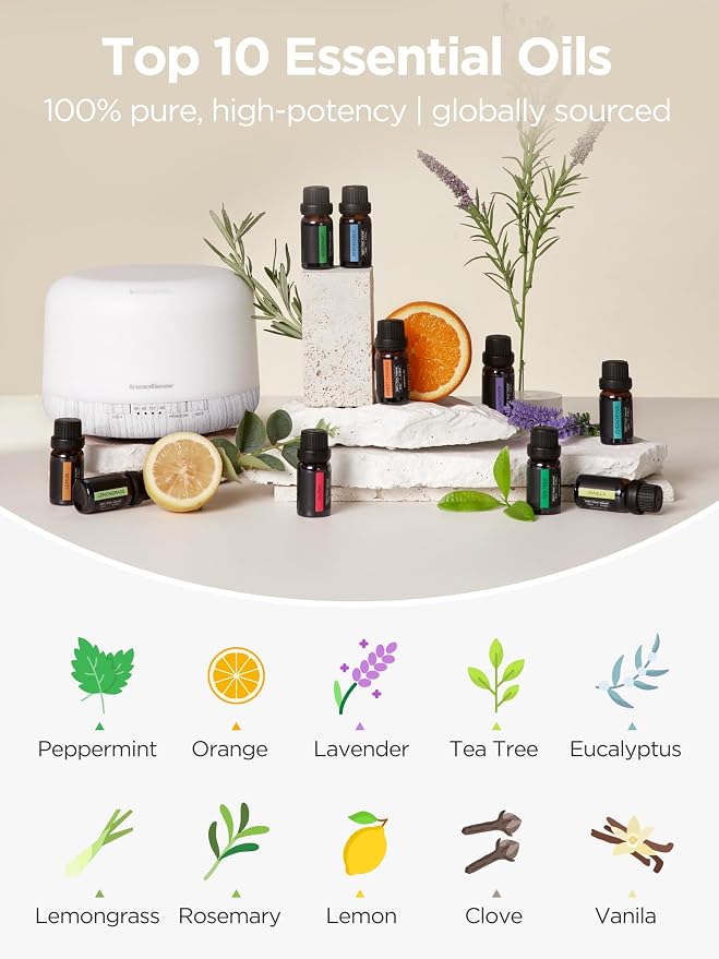InnoGear 500ml Aromatherapy Diffuser for Home 10 Essential Oil Set, White | Gift Set, Remote Control, Automatic Shut-Off, 4 Timers, Quiet, Run up to 18hrs, Cool Mist Humidifier, Large Room, Easy to Use