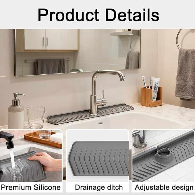 30 Inch Silicone Kitchen Sink Faucet Mat, Adjustable Waterproof Splash Guard Draining Mat Keep Countertops Dry (Gray)