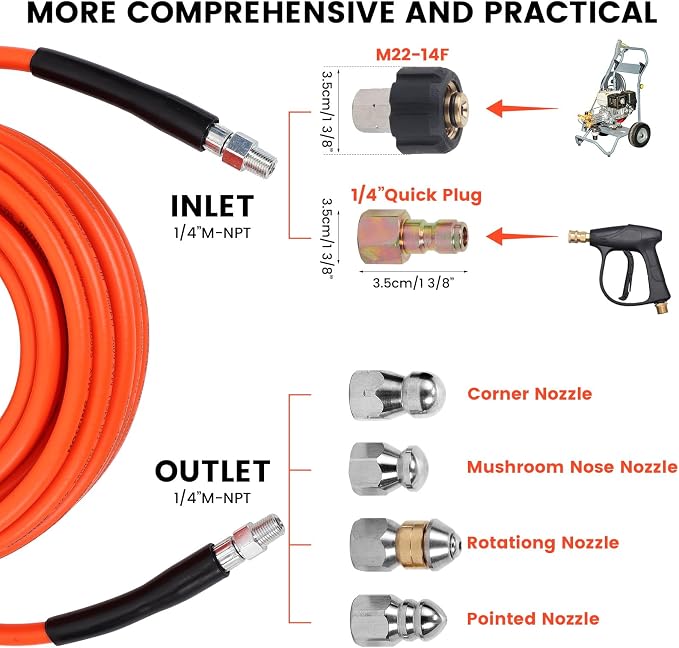 150FT Sewer Jetter Kit for Pressure Washer, 5800 PSI Water Jet Drain Cleaner Hose With Corner Rotating Button Nose Nozzle 1/4 Inch NPT, Jetting Nozzles Kit With Spanner Handle Strap