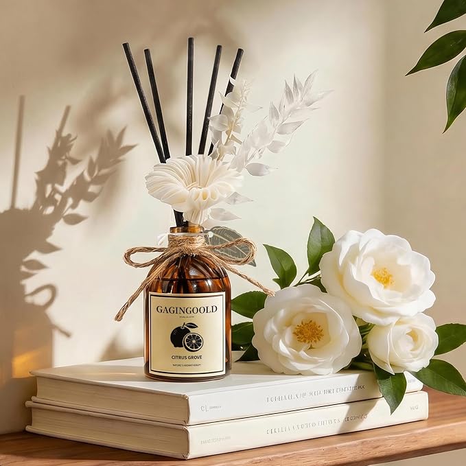 Reed Diffuser Set, Citrus Grove Scent Diffuser with 10 Sticks & Decorative Flower, Long Lasting Diffusers for Home Fragrance, Vintage Decor for Bathroom Bedroom Office Shelf, 5 Fl.oz
