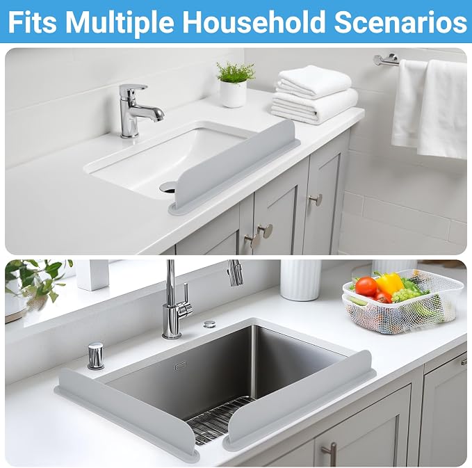 19.3 inch Kitchen Sink Splash Guard, Silicone Sink Baffle Splash Guard, Backsplash Protector for Kitchen Countertop & Bathroom Bathtub with Non-Slip Strong Suction, Gray