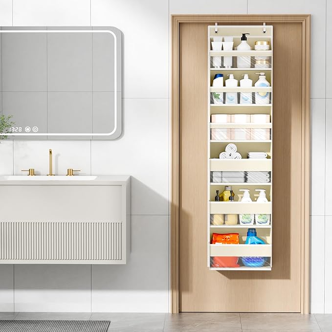 6 Tiers Over The Door Organizer, Behind The Door Storage Hanging Shelves | Heavy Duty Hanging Organizer Storage with Large Capacity Pockets for Closet Wall Bathroom Bedroom Nursery Pantry, 1 Beige