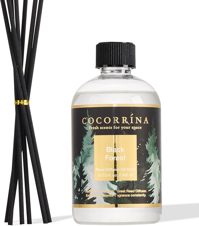 Reed Diffuser Refill Black Forest 10.14oz (300ml) with 8 Sticks - Premium Long-Lasting Floral Essential Oil, Home Fragrance for Bedroom, Bathroom Home Decor