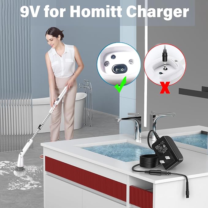 9V Scrubber Charger Fit for Homitt HM115C Electric Spin Scrubber | Power Cord AC Adapter Fit for Homitt Cordless Bathroom Scrubber HM204C HM115CD HM115CG HM115CW Cleaning Brush, 2 Prong