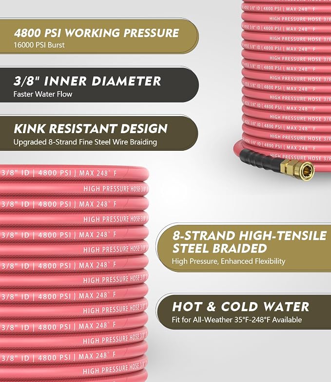 3/8" 4800PSI Pressure Washer Hose 150FT with 360° Swivel Quick Connect, Flexible & Kink Resistant Steel Wire Braided & Durable for Hot/Cold Water, High Power Washer Hose With M22 14mm Adapter