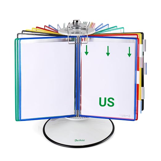 Tarifold Rotary Desktop Reference System, 50 Pockets, Assorted | 50 pivoting pockets hold 100 letter-size sheets, 360-degree rotating design, snap-on index tabs, compact desktop base