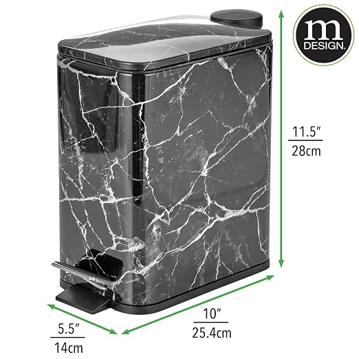 mDesign Slim Metal Rectangle 1.3 Gallon/5 Liter Trash Can with Step Pedal, Easy-Close Lid, Removable Liner - Narrow Wastebasket Garbage Container Bin for Bathroom, Bedroom, Kitchen - Black Marble