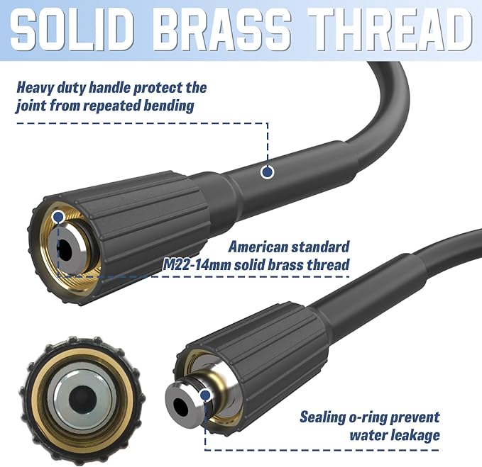 PVC Pressure Washer Hose 50 FT x 1/4", Kink Resistant Power Washer Hose, High Pressure Water Hose Extension Replacement for Home Use with M22-14mm Brass Fittings, 3300 PSI, Black