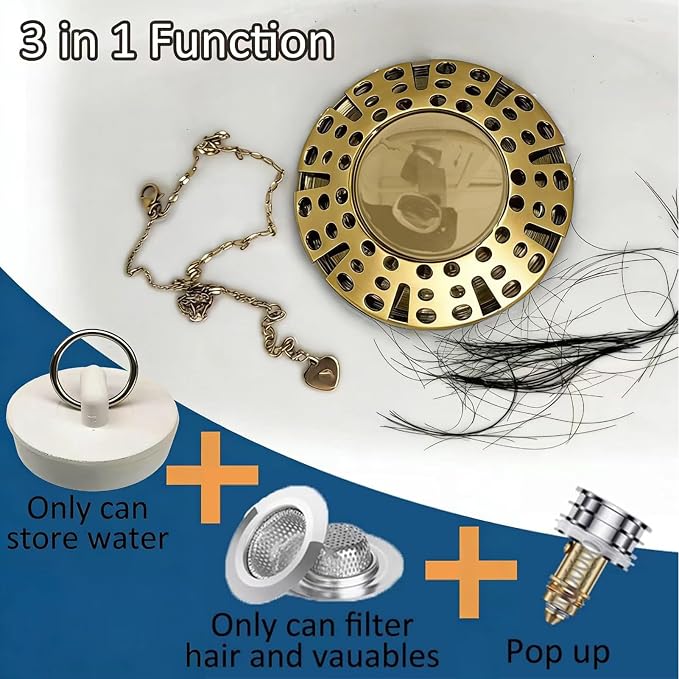 AzWzz Bathtub Drain Stopper, Pop Up Tub Stopper Plug with Bathtub Drain Hair Catcher Cover, Universal for 1.45 in to 1.8 in Tub Drain, Brushed Gold