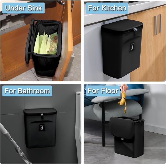 Tiyafuro 2.4 Gallon Kitchen Compost Bin for Counter Top or Under Sink, Hanging Small Trash Can with Lid for Cupboard/Bathroom/Bedroom/Office/Camping, Mountable Indoor Compost Bucket, Black