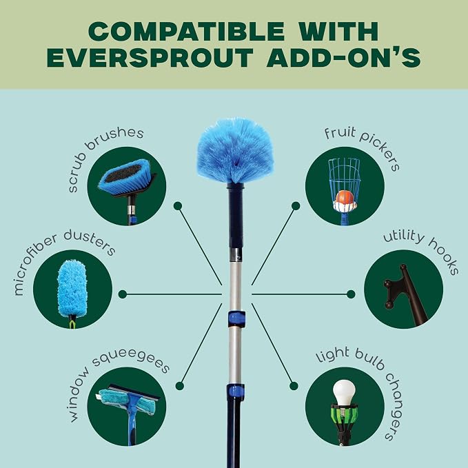 EVERSPROUT Cobweb Duster & 1.5 to 3 ft Pole, Indoor & Outdoor | Medium-Stiff Bristles, for Ceilings, Walls, Corners, Beams, Shelves, Window Screens and more, Lightweight, 3/4" Acme thread