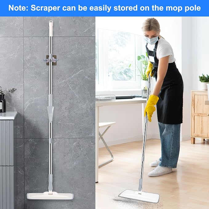 wlich Microfiber Floor Mop, 55" Extendable Flat Mop with 4 Reusable Pads | 360° Rotating Head, 4 Pads, 1 hook, 1 wall piece, and 1 scraper, Wet Dry Dust Mop for Bathroom Kitchen Floor,Ceramic Tiles