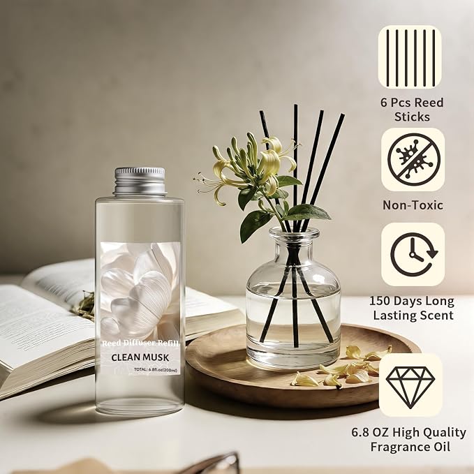 STRN Reed Diffuser Oil Refill, Clean Musk Scented Diffuser with Stick 200ML | Summer Long-Lasting Fragrance for Living Room, Bedroom, Office, Home Décor