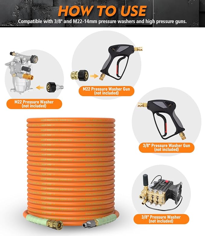 3/8" ID Pressure Washer Hose 200 ft, 4800 PSI Steel-Braided & Durable - Flexible & Kink-Resistant, Power Washer Hose with Swivel Quick Connect & M22-14mm Adapter, Hot/Cold Water Compatible