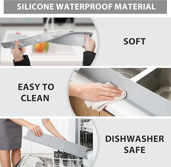 28Inch Silicone Sink Splash Guard with Strong Suction Cups, Flexible Kitchen Sink Splash Guard for Front of Sink, Easy to Clean Splash Guard for Kitchen & Bathroom (Grey, 28''x2.8'')