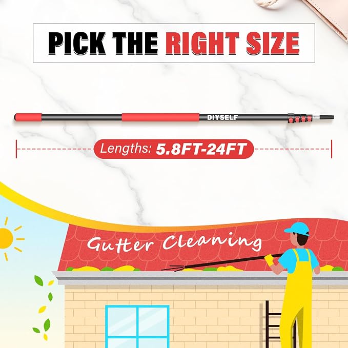 DIYSELF 24 FT Extension Pole for Painting, 5.8-24 Ft Telescoping Pole | Paint Roller Extension Pole for Cleaning, Aluminum Extendable Pole for Painting, Window & Gutter Washing, Comfortable Grip