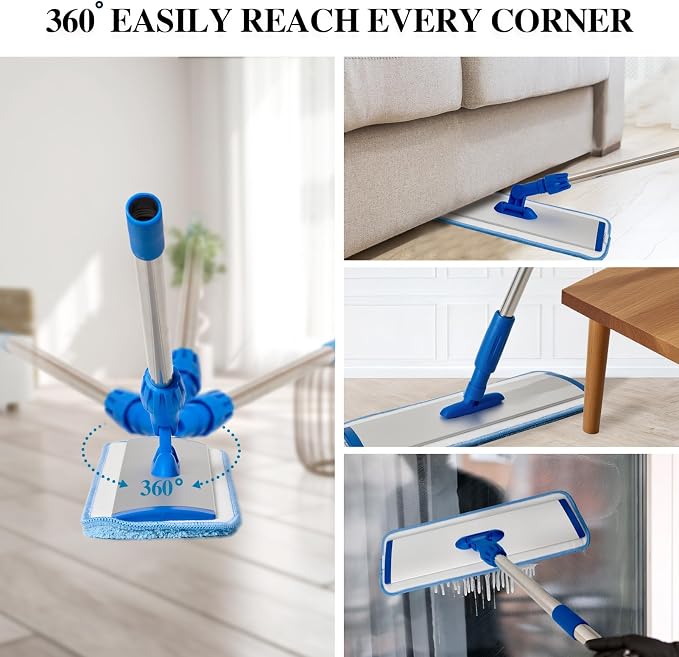 HONOVA 17.5" Microfiber Mop for Floor Cleaning, Blue Flat Floor Mop | 59" Stainless Steel Handle, 4 Reusable Washable Replacement Pads, Wet & Dry Use, for Hardwood Tile Laminate