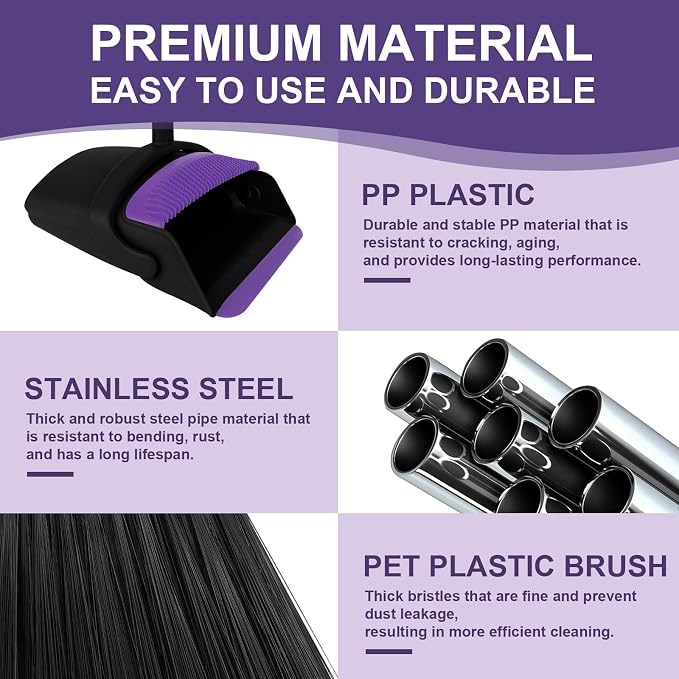 Broom and Dustpan Combo Set, 51" Long Handle Broom with Squeegee | Wet & Dry Cleaning for Pet Areas, Built-in Comb Dustpan, Foldable Space-Saving Storage, Multi-Surface Floor Cleaning