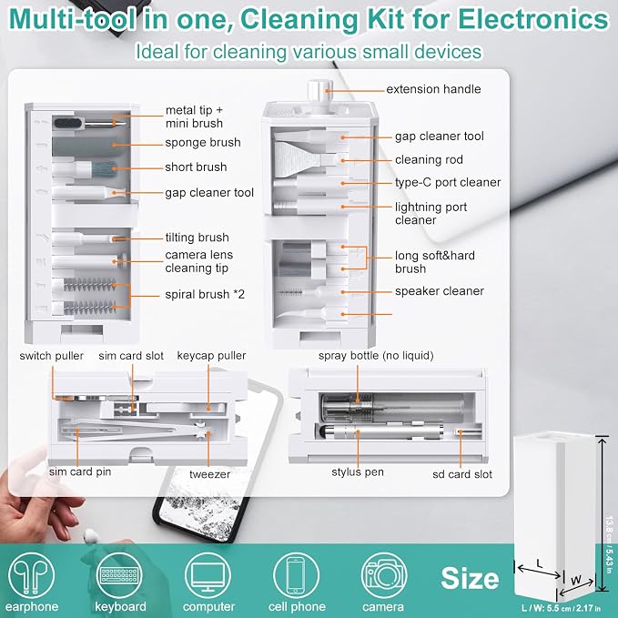 VICHYIE 32 in 1 Multi-Function Cleaning Kit for Electronic Devices (White) | Phone Cleaning Tool, PC Keyboard Cleaner Kit with Brush, Multipurpose Cleaning Set for Earbuds, Cellphone, Computer, Cameras