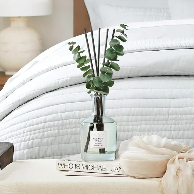 Cashmere Vanilla Reed Diffuser, 6.76 oz | Real Dried Eucalyptus Leaves, 8 Reeds, Long-Lasting Essential Oil, Home Fragrance, Bedroom or Bathroom Décor