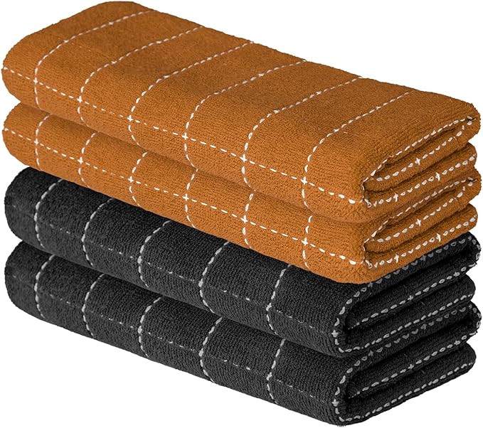 Artoid Mode Checkered Designed Cotton Black Caramel Terry Kitchen Dish Towels, 15x25 Inch Soft Absorbent Quick Drying Cleaning Tea Towels Set of 4