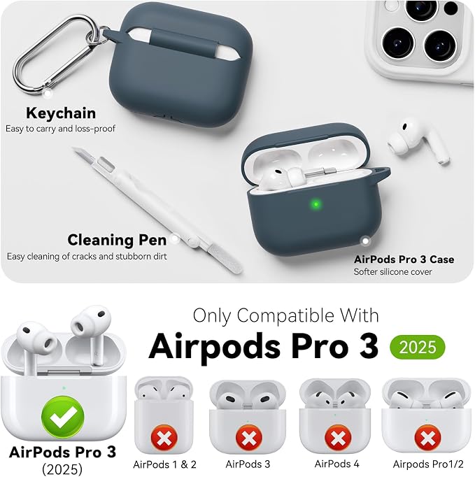 for AirPods Pro 3 Case 2025,Come with Cleaner Kit,Grey | Silicone Protective Cover for Airpod Pro 3rd Generation Case with Keychain,for Women Men,One-Piece Design,Shockproof