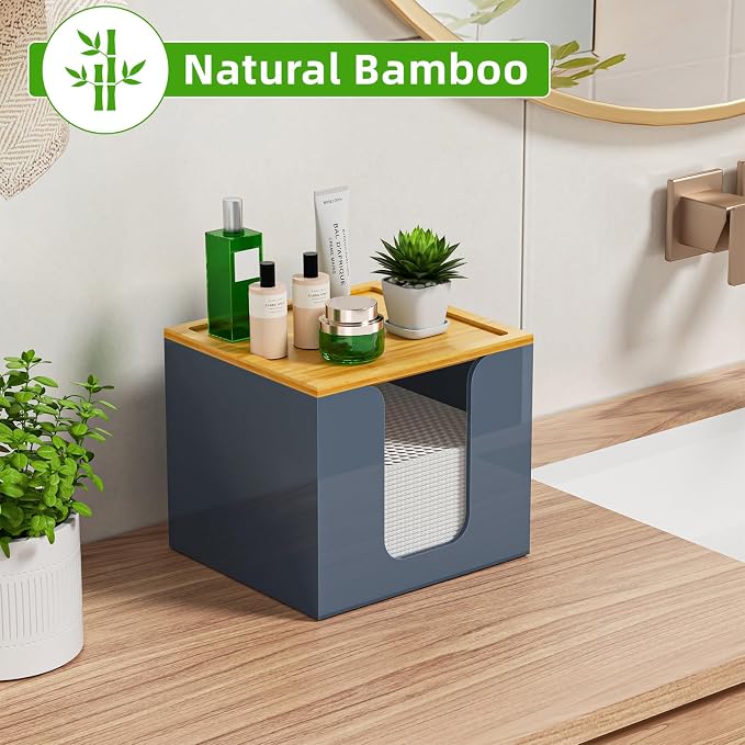 VITVITI Disposable Face Towel Holder Box, Acrylic Facial Towel Container for XL Clean Skin Club, Large Disposable Face Towels Storage with Bamboo Lid, for Bathroom, Vanity Makeup, Gray