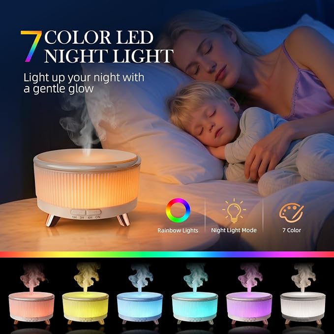 500ml Essential Oil Diffuser, Ultrasonic Aromatherapy Diffuser | Cool Mist Humidifier with Remote Control, 7-Color Lighting, Timer & Auto-off for Home/Bedroom/Yoga/Office/Living Room (White)