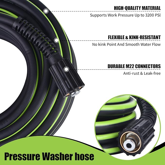 Pressure Washer Hose 1/4" × 50FT - 3200 PSI Heavy Duty Power Washer Hose Replacement with M22-14mm Aluminum Fittings, Flexible Kink-Resistant Hose for Gas & Electric Pressure Washers