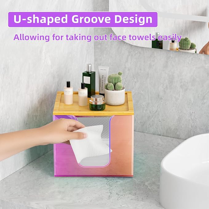 VITVITI Disposable Face Towel Holder for Clean Skin Club, Acrylic Box | Rainbow XL Face Towels Holder Container, Facial Towel Storage with Bamboo Lid, for Bathroom, Vanity Makeup
