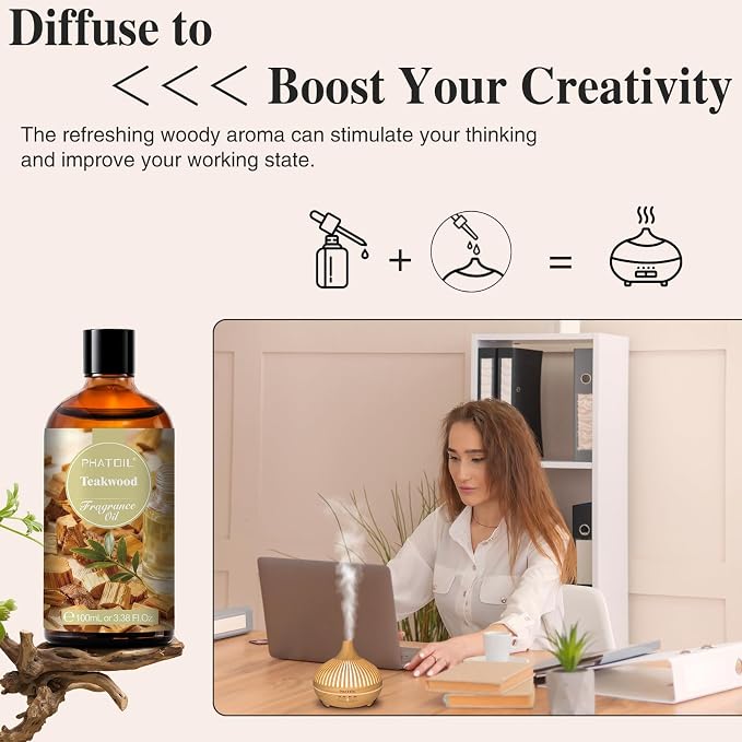 PHATOIL Teakwood Fragrance Oil for Diffuser Aromatherapy 3.38FL.OZ | Long Lasting Scented Oils For Humidifier, Air Freshener, DIY Soap Candle, Scent Project Making, Aroma Oil for Home Freshening