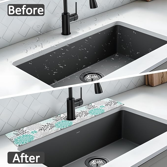 24" X 5.5" Kitchen Sink Splash Guard Faucet Mat Flora Super Absorbent Fast Drying Faucet Guard & Draining Mat Sink Splash Guard Behind Faucet for Kitchen, Bathroom