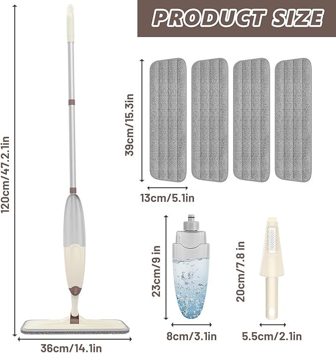 HOMTOYOU Wet Mop for Floor Cleaning: Spray Mop for Multi-Surface Floors | Wet Dry Use, 4 Pcs Microfiber Washable Pads, 400+ML Refillable Bottle, 360° Swivel Head, Beige