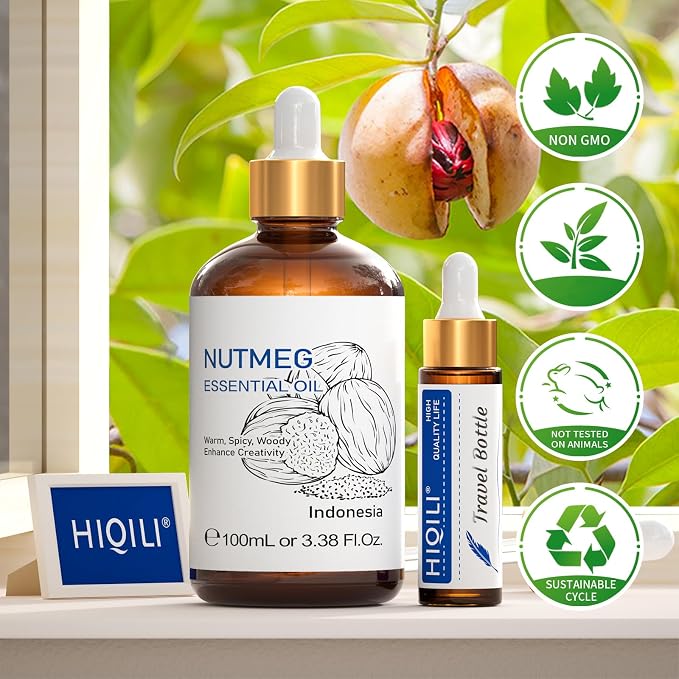HIQILI Nutmeg Essential Oil for Aromatherapy Diffuser,Massage & Skin Care | Brings Warm Comfort Aroma for Diffuser & Body Massage, Perfect for Home Scent & DIY Fragrance Craft -100ml / 3.38 fl oz