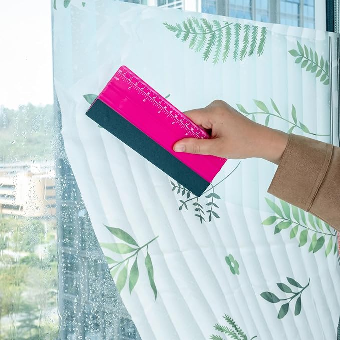 FOSHIO Professional Squeegee for Vinyl, Decals, Sticker Paper, Wallpaper, Window Film, Craft, Suede Felt Squeegee Smoothing Tool with Ruler, Pink (8 inches)